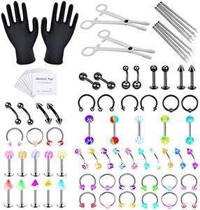 82PCS Body Piercing Kits Stainless Steel Acrylic 14G 16G BCR CBR Labret Lip Rings Cartilage Earrings Belly Button Rings Nose Septum Piercing Jewelry Needles Gloves Clamps Tools, Black