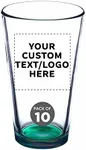 DISCOUNT PROMOS Custom Beer Pint Glasses 16 oz. Set of 10, Personalized Bulk Pack - Heavy Duty Glassware for Restaurant, Thick Base and Walls, Stackable - Green