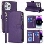 Jaorty Wallet Case for iPhone 15 Pro Max with Strap,iPhone 15 Pro Max Case Wallet for Women Men,[9 Card Slots] [Wrist Strap] Zipper Cash Pocket Magnetic Leather Cover Shockproof Case,6.7" Purple