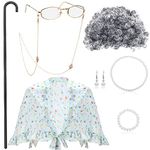 BBTO Old Lady Costume Granny Wig Grandma Shawl Grandma Cane Frame Glasses with Chain Faux Pearl Necklace Bracelet Earrings (Curly Hair Style)