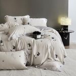 mixinni Duvet Cover Queen Size-100% Lyocell White Soft Aesthetic Floral Duvet Cover Set, Unique Design Black and White Rose Flower Pattern Printed Bedding Set for Summer, Cooling&Breathable