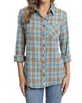 fuinloth Women's Checked Shirts Flannel Button Down Shirt Plaid Long Sleeve Cotton Blouse Top with Pocket Blue L 12-14