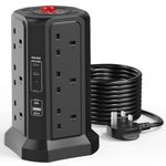 Tower Extension Lead 3M with USB Slots and PD 65W USB C Fast Charger, 5 USB Ports (4C1A) and 12 Way Surge Protected Extension Tower, Extension Cable for Home, Office, Black