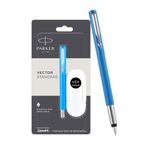 Parker Vector Standard Chrome Trim Fountain Pen | Fine Nib | Blue Body Color With 3 Free Ink Cartridge | Gift For Employees | Ideal For Professional Use