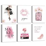 AUIAU Fashion Women Art Print Pink High Heels Make Up Framed Wall Art Flower Perfume Positive Quote Elegant Wall Artwork For Girls Pink Canvas Wall Art Bedroom Living Room Dressing Rooms Set of 6