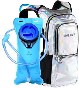 SOJOURNER Rave Hydration Pack Backpack - 2L Water Bladder Included for Festivals, Raves, Hiking, Biking, Climbing, Running and More (Multiple Styles) (Holographic - Silver)