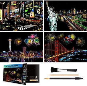 Rainbow Scratch Art Painting Paper (A4) for Kids & Adult, Night View Scratchboard Set: 4 Sheet Scratch Cards, Drawing Pen, Clean Brush (Times Square / Golden Gate Bridge / Seattle / Statue of Liberty)