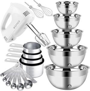 WEPSEN Hand Mixer Electric Mixing Bowls Set, 5 Speeds Handheld Mixer with 5 Nesting Stainless Steel Mixing Bowl, Measuring Cups Spoons 200W Kitchen Blender Whisk Beater Baking Supplies For Beginner