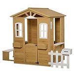 Outsunny Playhouse for Kids Outdoor with Door Windows Mailbox Flower Pot Holder Serving Station Bench Natural