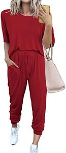 PRETTYGARDEN Women's Two Piece Outfit Short Sleeve Pullover with Drawstring Long Pants Tracksuit Jogger Set (Red,Small)