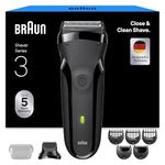 Braun Series 3 Electric Shaver, 300BT, Grey - Dry Razor for Men, 3 Flexible Blades, Beard Trimmer Attachment, +5 Combs, Designed in Germany, Includes Rechargeable Battery