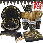 202pcs Eco-Friendly Disposable Black and Gold Paper Plates Cutlery Napkins Cups Tablecloth Banner Supplies Bulk, Non-Plastic Dinnerware Decorations for Party Wedding Birthday Dinner Dessert (25 Guest)