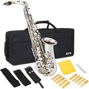 LyxJam Alto Saxophone E Flat Brass Sax Kit, Professional Sound, Complete Accessories, Ideal for All Players, Includes Hard Case, 10 Extra Reeds, Strap, Gloves, Cleaning Kit & More, Nickel Finish