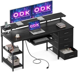 ODK Escritorio con 4 Cajones, Escritorio de Ordenador con Toma de Corriente y Carga USB, Escritorio Gaming Mesa de Escritorio con Estantes Ajustables para el Hogar (Negro, 140x52x92cm)