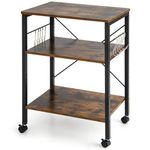 GiantexUK Kitchen Baker's Rack, 3 Tier Serving Cart Microwave Stand with Lockable Wheels & 5/10 Hooks, Rolling Storage Trolley for Home Office Living Room (Rustic Brown, 2 Adjustable Shelves)