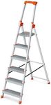 SONGMICS Step Ladder, 6-Step Aluminium Ladder with 12 cm Deep Steps, Foldable with Tool Tray and Anti-Slip Feet, Max. Static Load 150 kg, Silver and Orange GLT006E11