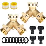 2 Way Y Garden Hose Connector,Heavy Duty Brass Tap Hose Splitter for Lawn and Garden, Hose Spigot Outlet Adapter with 2 Valves Plus 4 Extra Rubber Washers 2 Pack