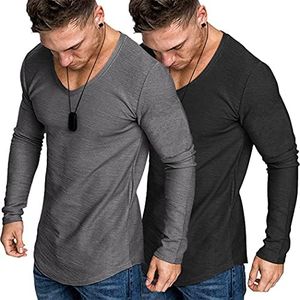 COOFANDY Men 2 Pack Muscle V Neck T Shirt Gym Athletic Fit Long Sleeves Tee Top, Black/ Grey, XX-Large