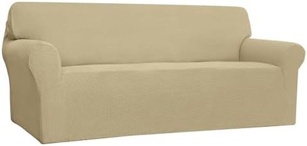Easy-Going Stretch 4 Seater Sofa Slipcover 1-Piece Sofa Cover Furniture Protector Couch Soft with Elastic Bottom for Kids, Polyester Spandex Jacquard Fabric Small Checks Beige