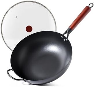 Kordisen 32cm Carbon Steel Wok with Lid, Flat Bottom Stir Fry Pan for Asian Cooking, Naturally Nonstick Wok for Induction, Gas, Electric & Hobs, Large Capacity for 3–6 People