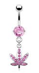 Forbidden Body Jewelry Surgical Steel Crystal Studded Marijuana Leaf Charm Dangle Belly Ring, Stainless Steel