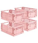 HUUSMOT 4-Pack Pastel Storage Crates, Plastic Crates, Baskets for Organizing, Collapsible Storage Crates for Bedroom Decor Classroom Office Kitchen Bathroom Home (Pink, 9.8" x 6.5" x 3.8")