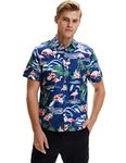 SSLR Men's Flowers Flamingos Casual Aloha Hawaiian Shirt (Large, Navy)