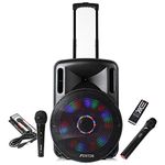 Fenton FT15LED Portable PA System with Wireless Mic & Wired Mic | 15" Battery Powered PA Speaker | Wireless PA System | Portable Sound System for Events, Parties, and Presentations