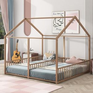 Bellemave Double Twin House Bed,Twin Size House Platform Beds,Two Shared Beds,Metal Floor Bed Frame with Rails for Kids, Girls,Boys(Gold)