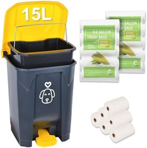 Outdoors Dog Poop Trash Can with Lid & 290PCS Waste Bags, Cute Dog Waste Trash Can for Yard, Home, Garden, Kitchen, 15 Litre Removable Inner Bin, Plastic Gray & Yellow