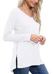 PrinStory Womens Jumpers Long Sleeve Tops Ladies Lightweight Jumpers Basic T-Shirt Split Blouse with Side Zipper UK Size 14-16 (White, L)