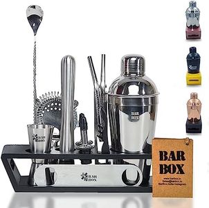 Bar Box Black Wood Stand - 14-Piece Home Bartending Kit and Martini Cocktail Shaker Set with Peg Measurers, Muddler, Bottle & Wine Opener Stylish Black & Silver Bar Accessories and Bar Tools for Home