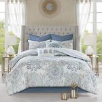 Madison Park Season Set, Matching Bed Skirt, Decorative-Pillows, Queen(90"x90"), Isla, Floral Medallion Blue 8 Piece