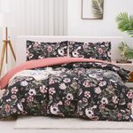 Mooreeke Queen Floral Comforter Set, Black Botanical Flower Printed Bedding Sets, 3 Pieces Vintage Comforters & Sets, 1 Soft Lightweight Microfiber Comforter and 2 Pillow Shams