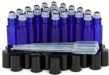 Vivaplex 24 count, cobalt blue, 10 ml glass roll-on bottles with stainless steel roller balls, 3-3 ml droppers included