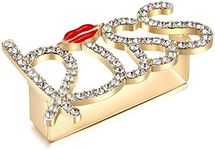 Wellotus Punk Alloy Pyramid Ring Rhinestone Hip Hop Rapper Red Lip Kiss Ring Costume Jewelry, 2 Finger Size (Gold Kiss)