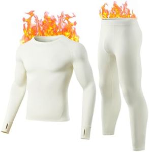 gagli Long Johns Thermal Underwear for Men Soft Fleece Lined Base Layer Set Top Bottom Pajama Set for Cold Weather Cream White