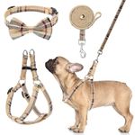 BINGPET Dog Harness Collar Leash Set,Adjustable No Pull Escape Proof Small Dog Harness,Classic Plaid Puppy Harness and Leash Set for Small Medium Large Dogs Training Easy Walk Running(Beige,S)