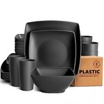 Teivio 24-Piece Kitchen Reusable Plastic Square Dinner Set, Service for 6, Dinner Plate, Dessert Plate, Cereal Bowl, 20 oz Cup, Unbreakable Plastic Plates and Bowls Set, Outdoor Camping Dishes, Black