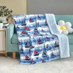 Marina Decoration Reversible Rich Printed Woven Fluffy Plush Soft Warm Flannel Fleece Children Throw Sherpa Kids Blanket, 40 x 50 Inch Nautical Sailing Boat with White Base Pattern