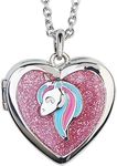 Pink Unicorn & Silver Heart Locket Necklace for Little Girl | Sparkly Glitter Animal Pendant | Secret Inside Storage | Silver Tone Chain