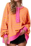 PRETTYGARDEN Womens Fall 2024 Striped Oversized Sweatshirt Long Sleeve Button Up Henley Neck Waffle Knit Pullover Tunic Tops, Striped Yellow Pink, Medium