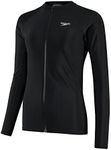 Speedo Women's Full Zip Long Sleeve Sun Protection Rash Top | UV Protection | Zip Front, Black, M