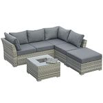 Outsunny 4 Pieces Patio PE Rattan Corner Sofa Set, Outdoor Wicker Sectional Conversation Aluminum Frame Furniture Set w/Padded Cushion, Tea Table with Ice Bucket, Light Grey