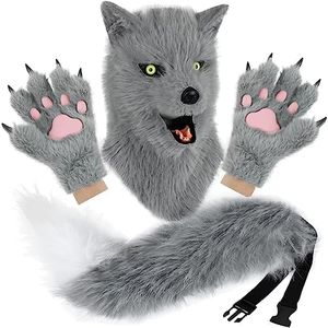 hbbhml Animal Dog Head Mask Realistic Furry Plush Tail Claw Gloves Full Wolf Masks for Halloween Party Carnival Cosplay Gray