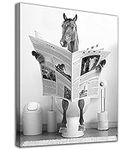 Funny Horse Bathroom Canvas Wall Art Black and White Fun Picture Farmhouse Bathroom Wall Decoration Horse Sitting on Toilet Reading Newspaper Bathroom Artwork Horse Art Ready to Hang 12" x 16"