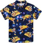 uideazone Pizza Cat Universe Shirt for Boys: Short Sleeve, Button Down, Relaxed Fit, 3D Funny Graphic, Blue Aloha