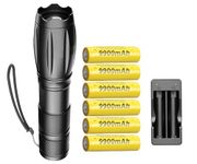 Super Bright 2000 Lumen 18650 Tactical Flashlight and 6PCS 3.7V High Capacity Rechargeable Battery+Batteries Charger,Zoomable, Water Resistant, 5 Modes Handheld Light