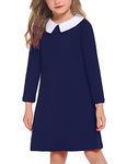 Arshiner Girls Uniform Dresses Peter Pan Collar Casual Long Sleeve School Dresses Navy Blue 12-13 Years