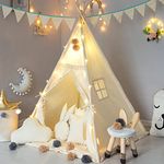 TreeBud Kids Teepee Tent with Padded Mat, Banner, Yarn Ball, Carry Bag, Beige Cotton Canvas Play Tent for Child with Tassels Lace, Play House Tipi for Kids Room Decor